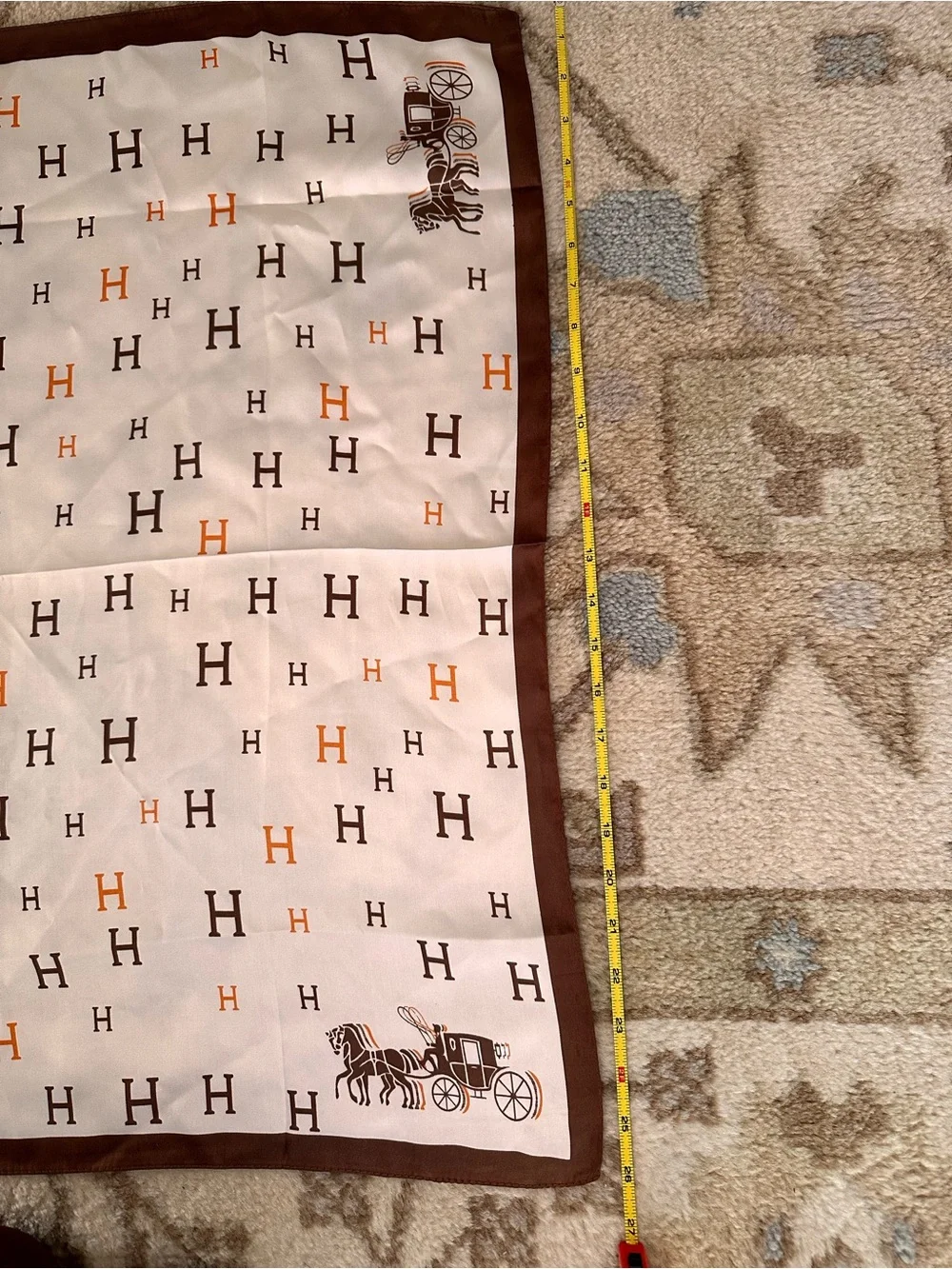Silk-Feel Cream, Brown, and Orange H  Trim Square Scarf - Women Accessories